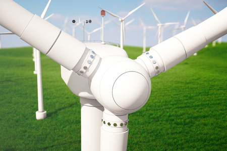 3d illustration, wind turbine with blue sky. Energy and electricity. Alternative energy, eco or green generators. Power, ecology, technology, electricity.の写真素材