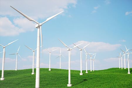 3d iluustration, turbine in the field, green, wind turbine, generate, eco power. environmentally friendly energy from the sun. Concept energy of the future.の写真素材