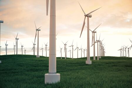 3d illustration, wind turbine with sunset sky. Energy and electricity. Alternative energy, eco or green generators. Power, ecology, technology, electricity.の写真素材