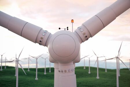 3d illustration, wind turbine with sunset sky. Energy and electricity. Alternative energy, eco or green generators. Power, ecology, technology, electricity.の写真素材