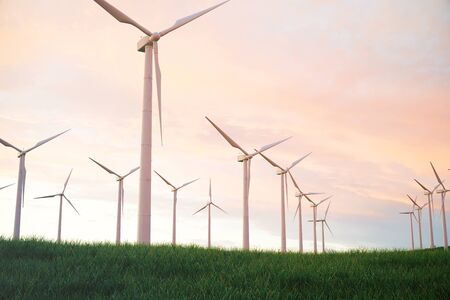 3d illustration, wind turbine with sunset sky. Energy and electricity. Alternative energy, eco or green generators. Power, ecology, technology, electricity.の写真素材