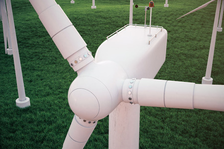 3d illustration, turbine on the grass with sunset sky background. Concept alternative electricity...