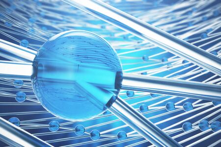 3D rendering abstract molecules design. Atoms. Medical background for banner or flyer. Molecular structure with blue spherical particlesの写真素材