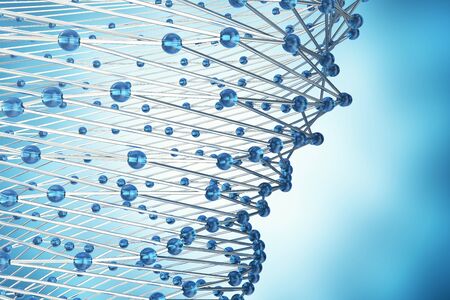 3D rendering abstract molecules design. Atoms. Medical background for banner or flyer. Molecular structure with blue spherical particlesの写真素材