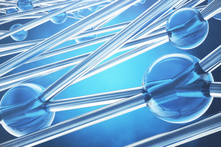 3D rendering abstract molecules design. Atoms. Medical background for banner or flyer. Molecular structure with blue spherical particlesの写真素材