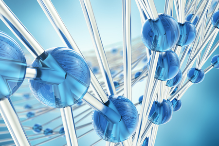 3D rendering abstract molecules design. Atoms. Medical background for banner or flyer. Molecular structure with blue spherical particlesの写真素材