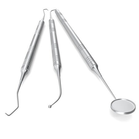 Dental set, mirror, probe, isolated on white background. 3D renderingの写真素材