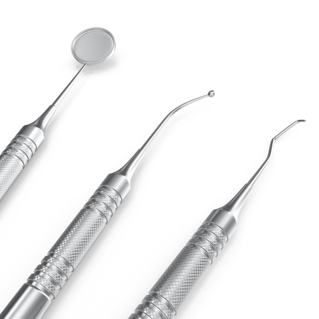 Dental set, mirror, probe, isolated on white background. 3D renderingの写真素材