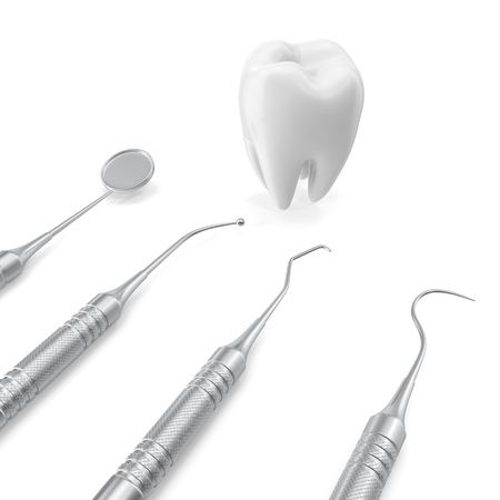 Dental set, mirror, probe, with tooth, concept care isolated on white background, 3D renderingの写真素材
