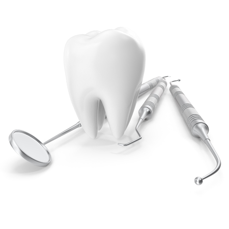 Dental set, mirror, probe, with tooth, concept care isolated on white background, 3D renderingの写真素材