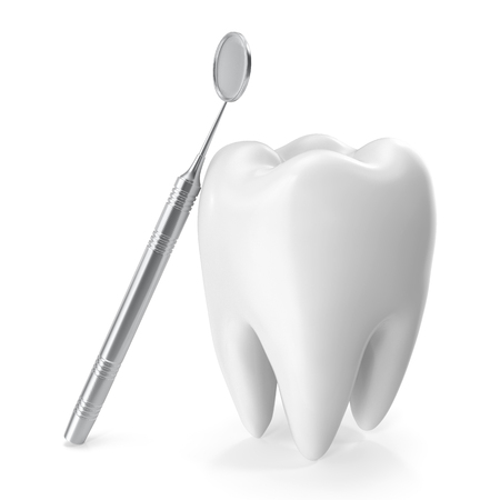 Dental mirror with tooth, care concept isolated on white background, 3D renderingの写真素材