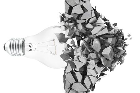 3d rendering light bulb, demolishing wall smithereens, concept of creative thinking and innovation.の写真素材