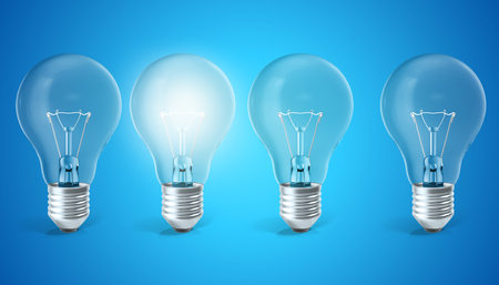Group of lamp bulbs on blue background with single glowing bulb. Concept innovation ideas, 3d renderingの写真素材
