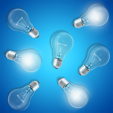 Group of lamp bulbs on blue background with glowing bulbs. Concept innovation ideas, 3d renderingの写真素材