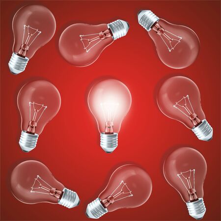 Group of lamp bulbs on red background with glowing bulbs. Concept innovation ideas, 3d renderingの写真素材