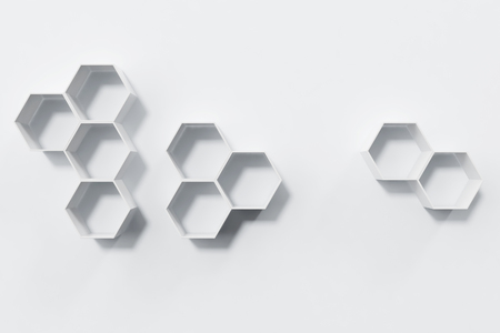 Empty white wall with hexagon shelves on the wall, 3D renderingの写真素材