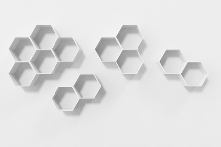Empty white wall with hexagon shelves on the wall, 3D renderingの写真素材