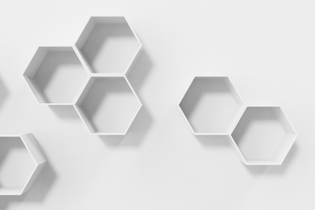 Empty white wall with hexagon shelves on the wall, 3D renderingの写真素材