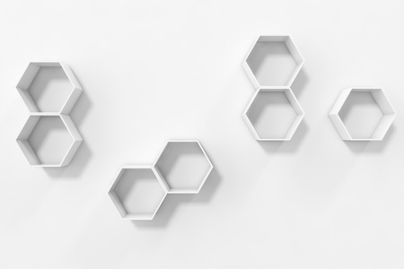 Empty white wall with hexagon shelves on the wall, 3D renderingの写真素材