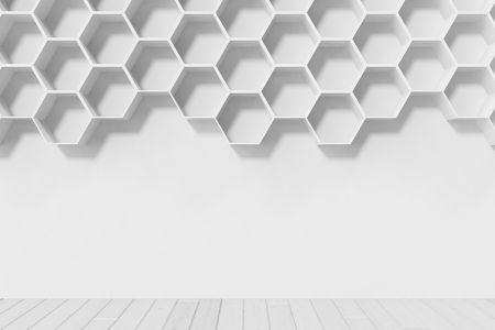 Empty white wall with hexagon shelves on the wall, 3D renderingの写真素材