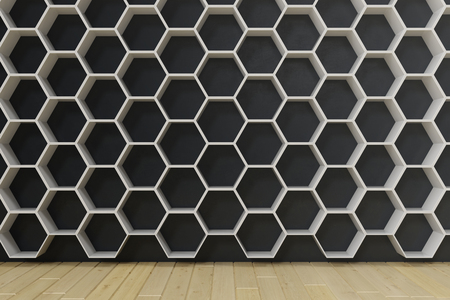 Empty room with wooden floors and wall with hexagon shelves on the wall, 3D renderingの写真素材