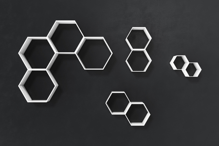 Empty dark or black wall with hexagon shelves on the wall, 3D renderingの写真素材