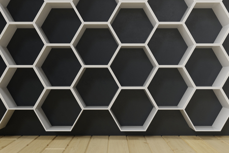 Empty room with wooden floors and wall with hexagon shelves on the wall. 3D renderingの写真素材