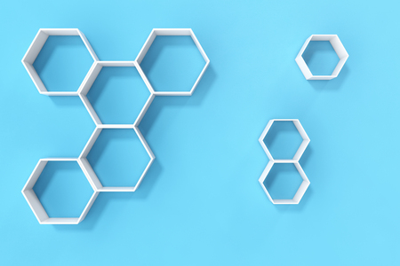 Empty blue wall with hexagon shelves on the wall, 3D renderingの写真素材