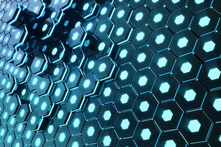Blue abstract hexagonal glowing background, futuristic concept, 3D renderingの写真素材