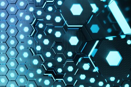 Blue abstract hexagonal glowing background, futuristic concept, 3D renderingの写真素材
