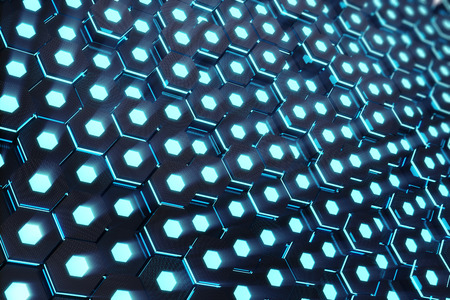 Abstract blue of futuristic surface hexagon pattern with light rays, 3D Renderingの写真素材