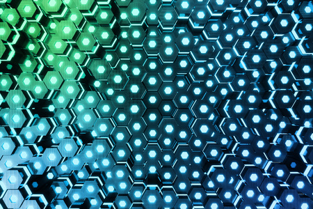 Abstract blue of futuristic surface hexagon pattern with light rays, 3D Renderingの写真素材
