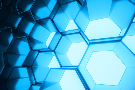 Abstract blue of futuristic surface hexagon pattern, hexagonal honeycomb with light rays, 3D Renderingの写真素材