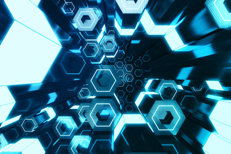 Abstract blue of futuristic surface hexagon pattern, hexagonal honeycomb with light rays, 3D Renderingの写真素材