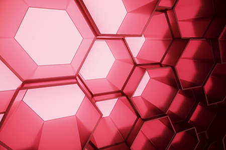 Abstract red of futuristic surface hexagon pattern, hexagonal honeycomb with light rays, 3D Renderingの写真素材