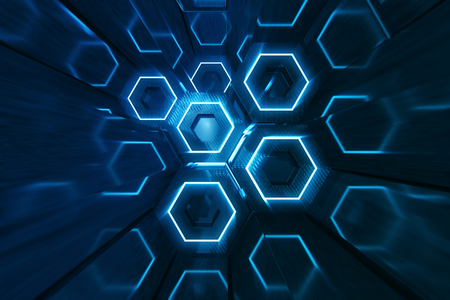 Abstract blue of futuristic surface hexagon pattern, hexagonal honeycomb with light rays, 3D Renderingの写真素材