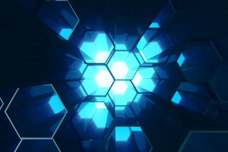 Abstract blue of futuristic surface hexagon pattern, hexagonal honeycomb with light rays, 3D Renderingの写真素材