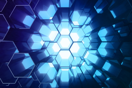 Abstract blue of futuristic surface hexagon pattern, hexagonal honeycomb with light rays, 3D Renderingの写真素材
