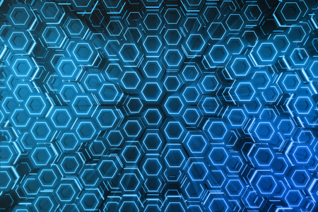 Abstract blue of futuristic surface hexagon pattern, hexagonal honeycomb with light rays, 3D Renderingの写真素材
