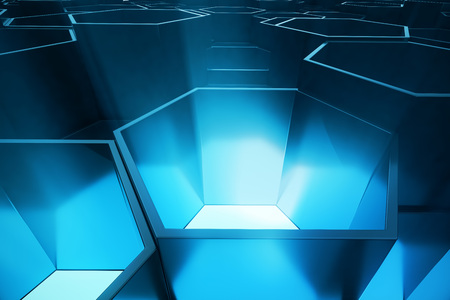 Abstract blue of futuristic surface hexagon pattern, hexagonal honeycomb with light rays, 3D Renderingの写真素材