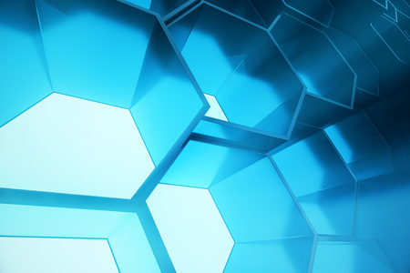 Abstract blue of futuristic surface hexagon pattern, hexagonal honeycomb with light rays, 3D Renderingの写真素材