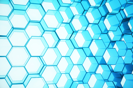 Abstract blue of futuristic surface hexagon pattern, hexagonal honeycomb with light rays, 3D Renderingの写真素材