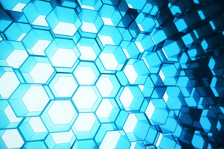 Abstract blue of futuristic surface hexagon pattern, hexagonal honeycomb with light rays, 3D Renderingの写真素材