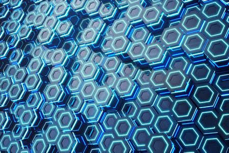 Abstract blue of futuristic surface hexagon pattern, hexagonal honeycomb with light rays, 3D Renderingの写真素材