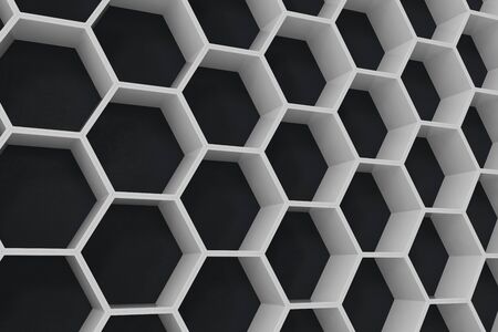 White geometric hexagonal abstract background with black wall, 3D renderingの写真素材
