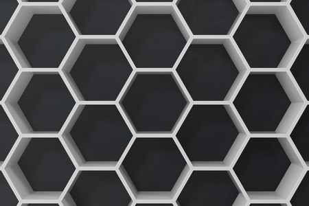 White geometric hexagonal abstract background with black wall, 3D renderingの写真素材