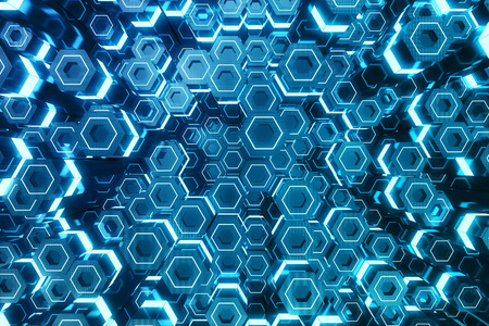 Abstract blue of futuristic surface hexagon pattern, hexagonal honeycomb with light rays, 3D Renderingの写真素材