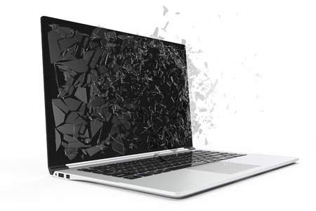 Computer or laptop with broken screen isolated on white background for your design project, 3D Renderingの写真素材