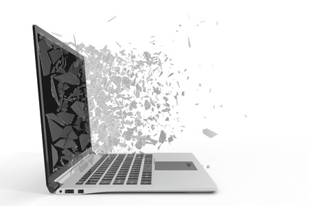 Computer or laptop with broken screen isolated on white background for your design project, 3D Renderingの写真素材
