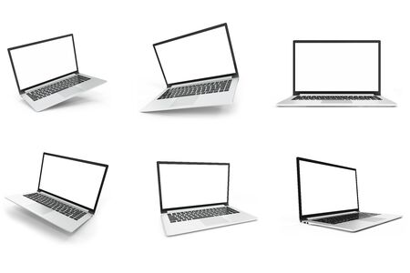 Set Desktop computer blank mock up. Glossy laptop computer mock up. Modern computer mock up. Perfectly detailed smartphone mock up near computer blank, 3D Renderingの写真素材